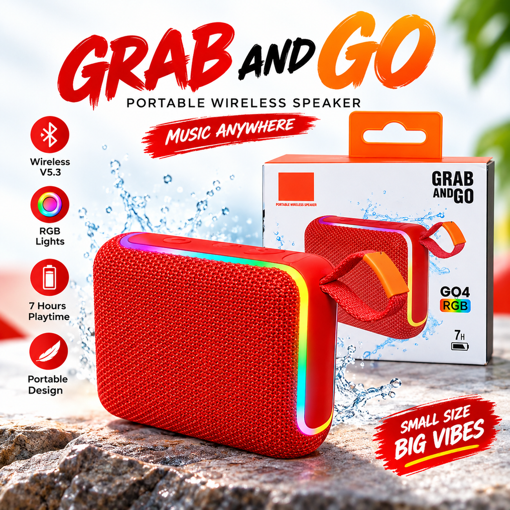 GRAB & GO 4 Portable Wireless Bluetooth Speaker – IPX7 Waterproof, RGB Light Effect, Bluetooth 5.3, 7H Battery Life & Compact Outdoor Speaker with Handy Strap