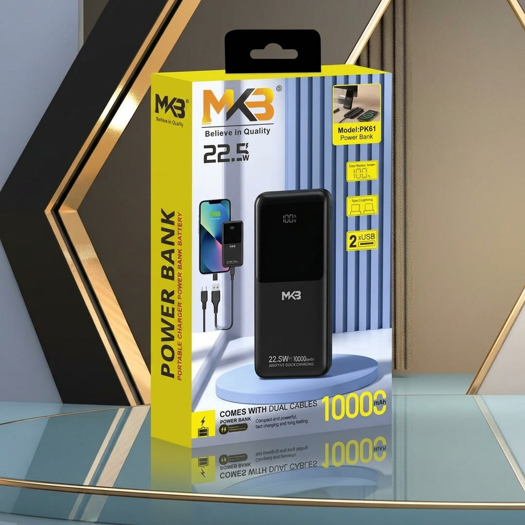 MKB PK61 22.5W PD OUTPUT 10000mAh POWER BANK WITH DIGITAL DISPLAY & DUAL CABLES