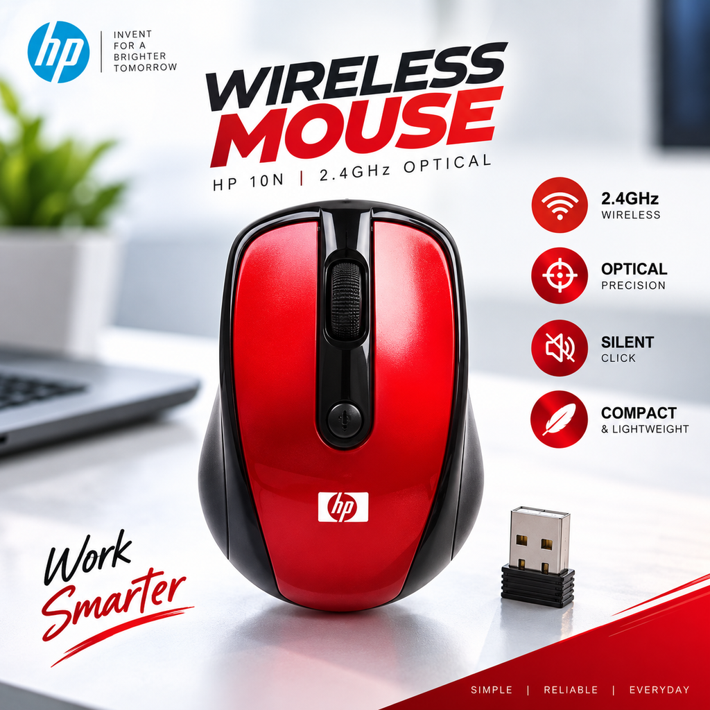 HP Wireless Optical Mouse 10N (2.4GHz, Black) – 6 Buttons, Ergonomic Design, Up to 10M Transmission, Optical Tracking & Windows Compatibility