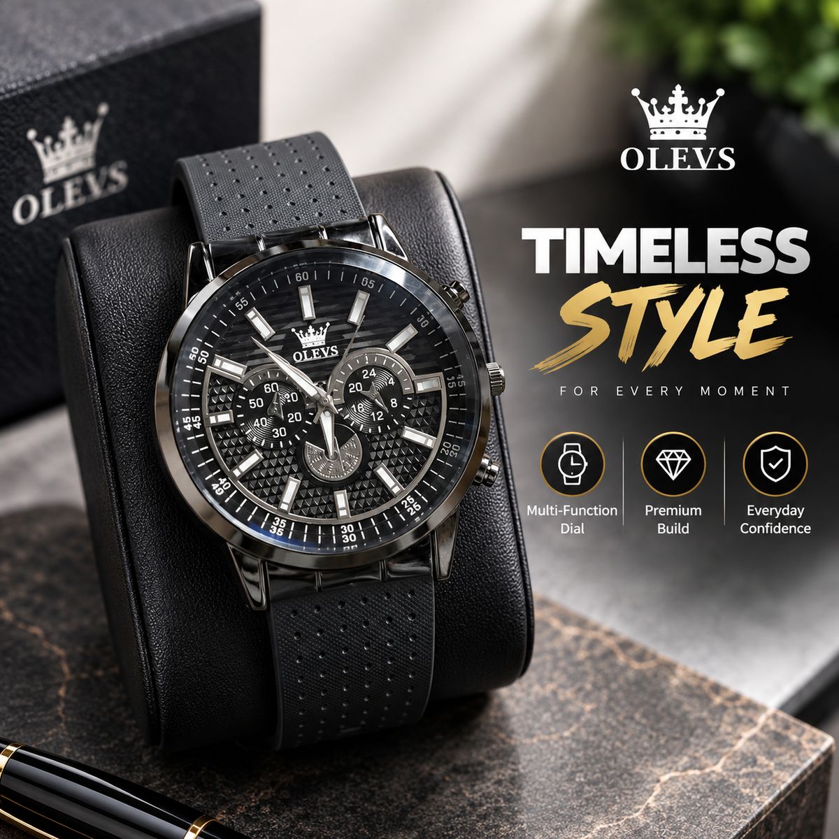 Olevs Men’s Skeleton Dial Sports Wristwatch – Bold Dark Metallic Luxury Timepiece with Perforated Black Silicone Strap, Chronograph-Style Push Buttons & Premium Casual Design