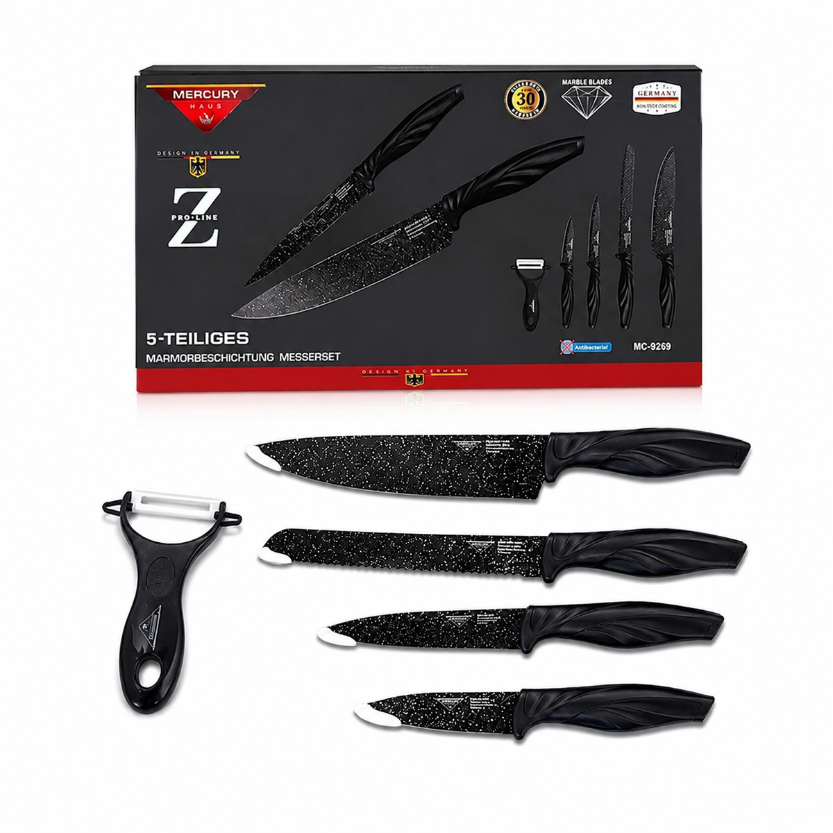 Zepter 5-Piece Non-Stick Kitchen Knife Set – Super Sharp High-Carbon Stainless Steel Knives with Peeler & Ergonomic Curved Blades for Cutting, Fruit & Vegetables