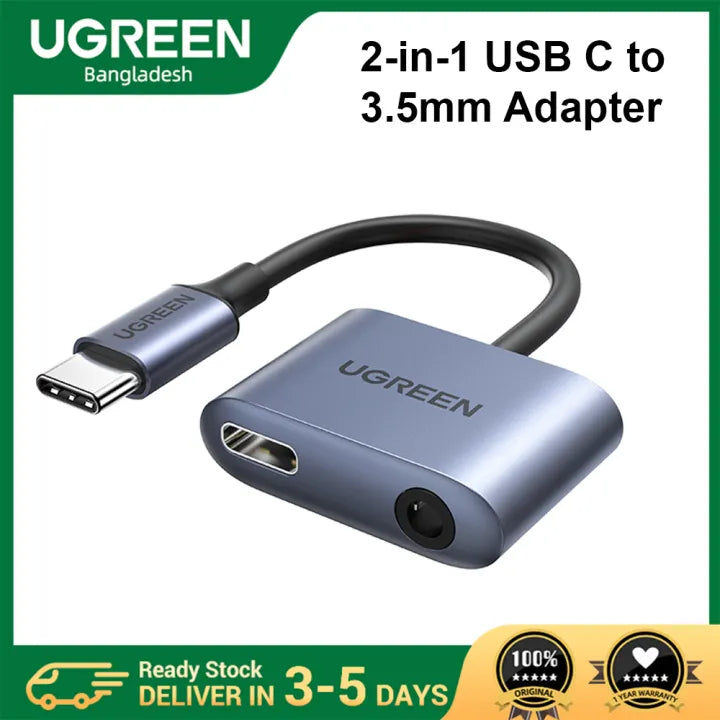 UGREEN CM231 (60164) 2-in-1 USB-C to 3.5mm Audio & Charging Adapter – PD 3.0 & QC 3.0 Fast Charging, Hi-Fi Sound Quality, Aluminum Alloy Portable Converter for Type-C Smartphones & Tablets