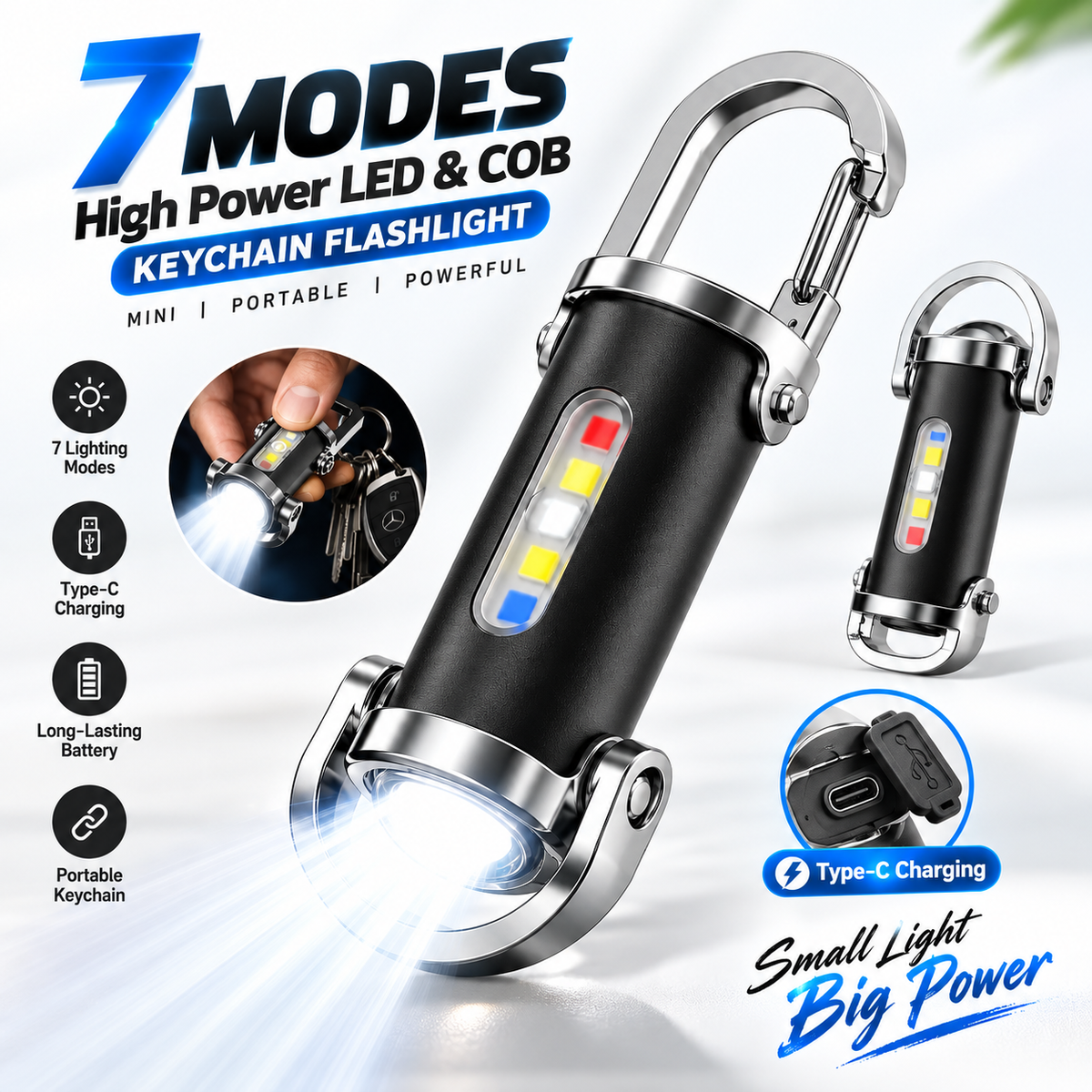 7 Modes High Power LED & COB Keychain Flashlight – KD088 Portable Mini Tactical Work Light with Type-C Charging, Long-Lasting Battery & Red-Blue Flash