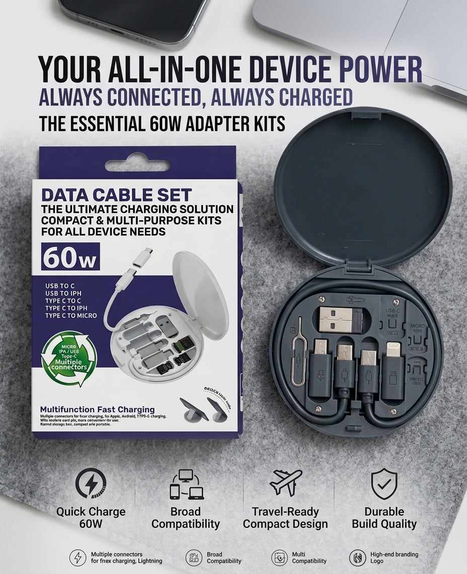 60W Fast Charging data cable 3 in 1 USB cable set storage set box