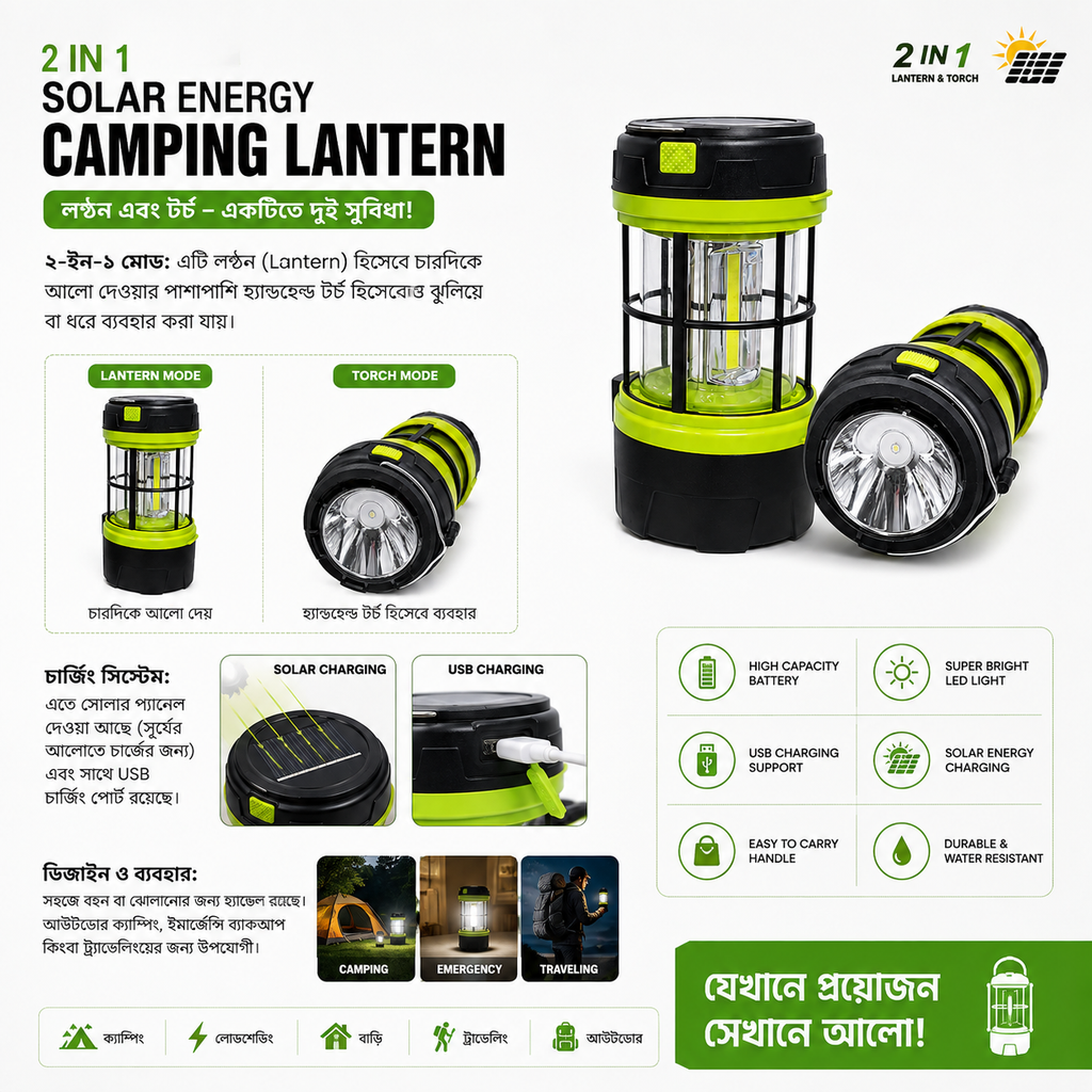 2-in-1 Solar Energy Camping Lantern & Handheld Torch – Rechargeable Emergency Light with Solar Panel, USB Charging Port & Portable Hanging Handle for Outdoor Camping & Travel