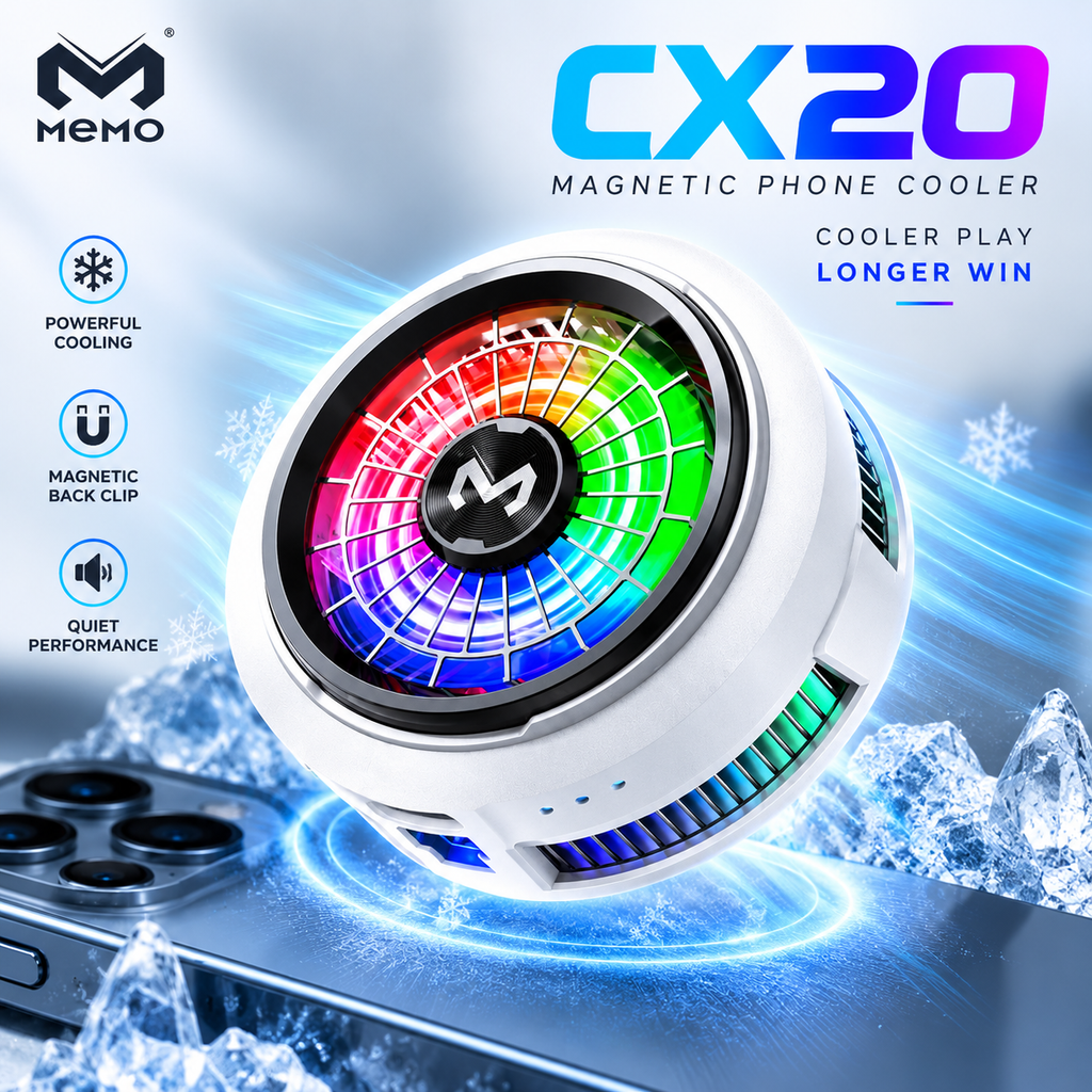 MEMO CX20 RGB Magnetic Phone Cooler – 3-Gear Temperature Control, Advanced Semiconductor Refrigeration, Dual-Purpose Magnetic & Back Clip, Low Noise Fan for Smooth Mobile Gaming
