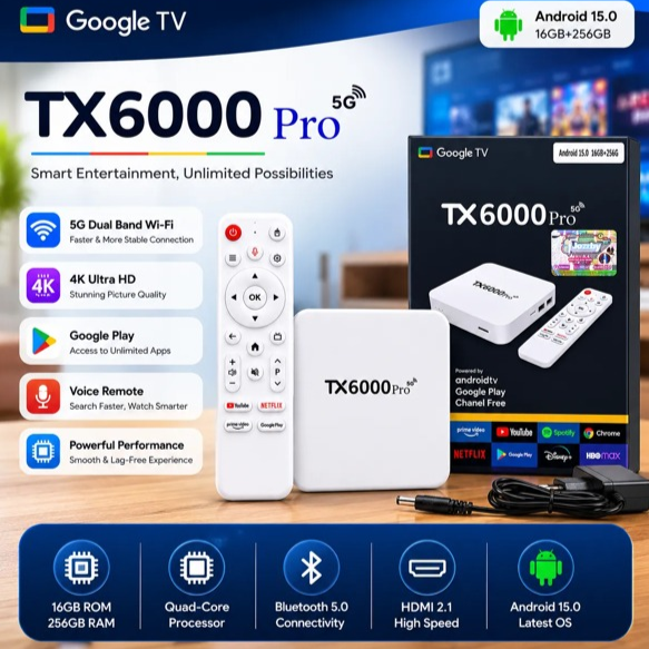 TX6000 Pro 5G Google TV Box | Android 15.0 | 16GB RAM + 256GB Storage | 4K Ultra HD