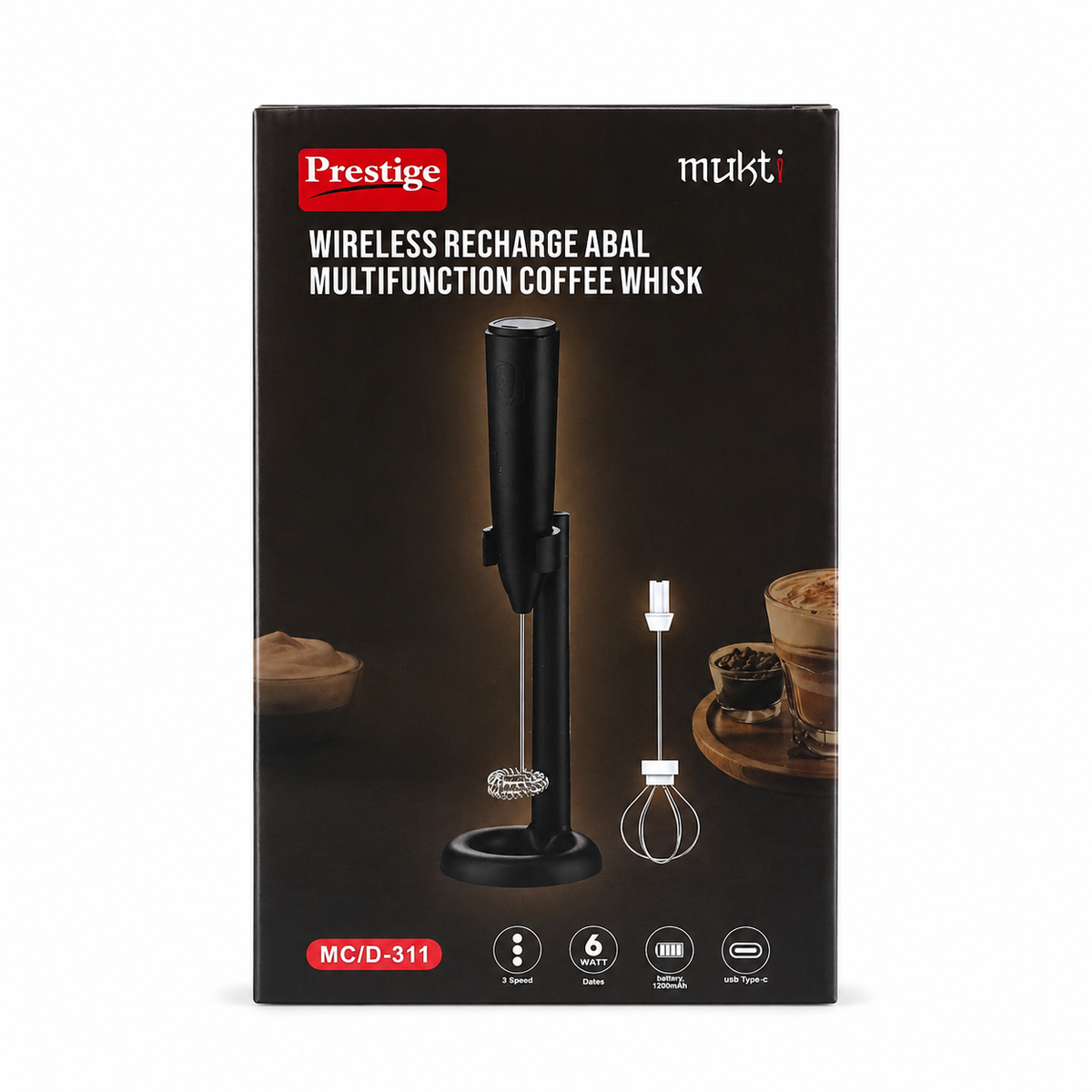 Prestige Mukt 2-in-1 Rechargeable Coffee Foamer & Milk Frother – 3-Speed Wireless Electric Handheld Whisk with Stand & Type-C Charging for Coffee, Eggs & Shakes