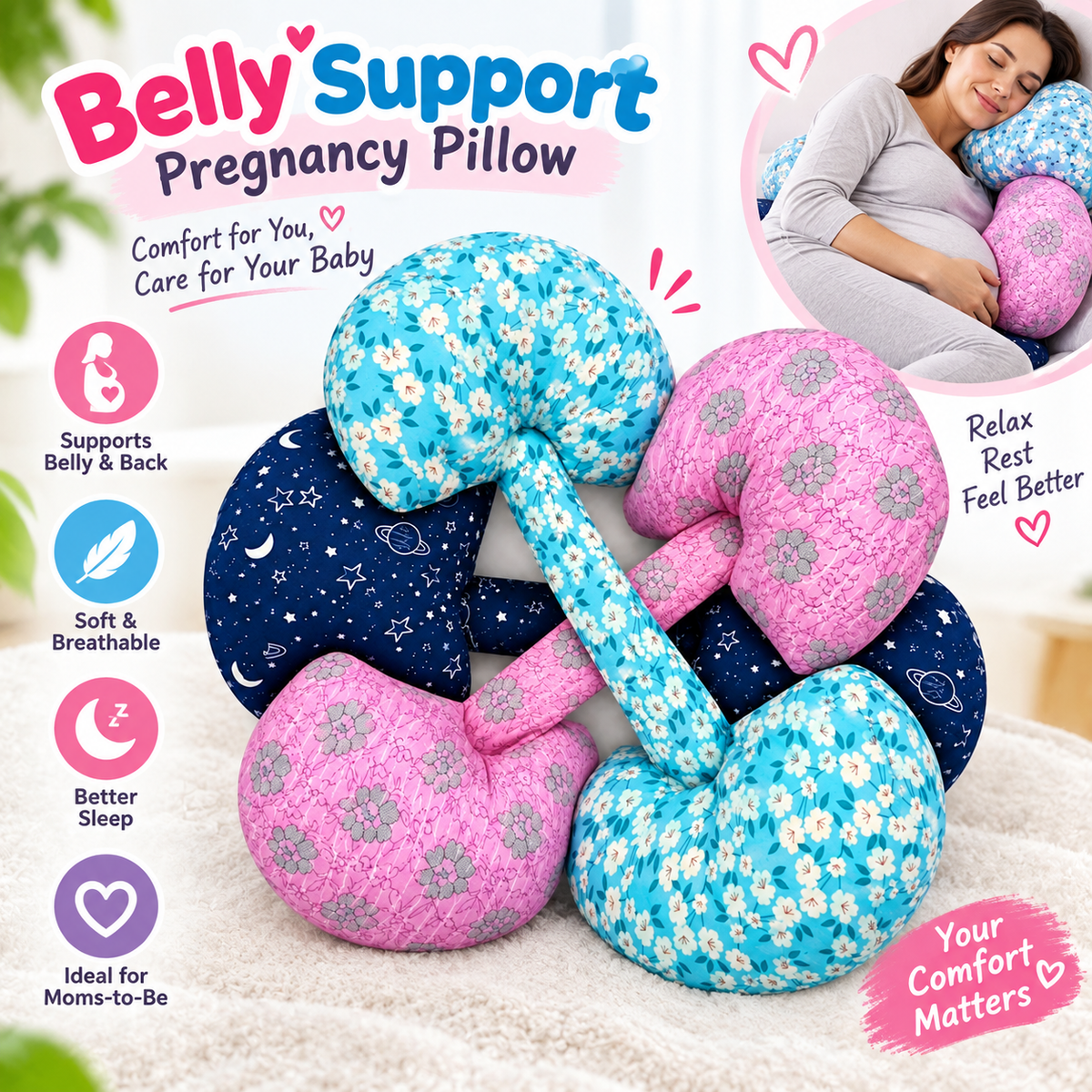 Belly Support Pregnancy Pillow – Soft Cotton Maternity Wedge Pillow for Back & Bump Support, Ergonomic Comfort Cushion for Expecting Mothers & Pain Relief