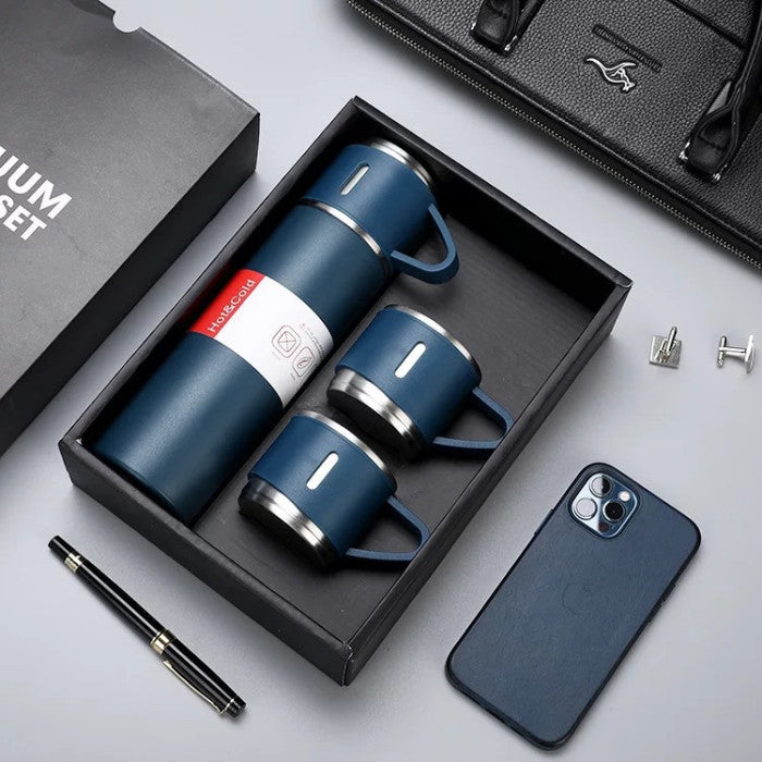 3-Piece Stainless Steel Vacuum Flask Set – 500ml Double-Wall Insulated Thermos Bottle with Cups for Hot & Cold Drinks, Travel & Gifting