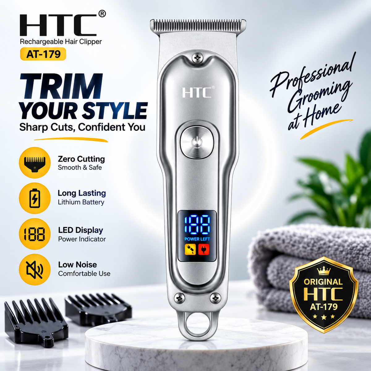Original HTC AT-179 Rechargeable Hair Clipper & Beard Trimmer for Men – Cordless Grooming Kit with Stainless-Steel Blades, Adjustable Settings & Portable Design