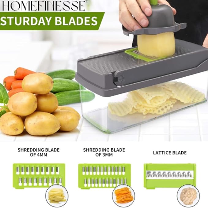 16-in-1 Multifunctional Vegetable Chopper & Mandoline Slicer – Professional Kitchen Food Cutter with Stainless Steel Blades, Storage Container & Handguard