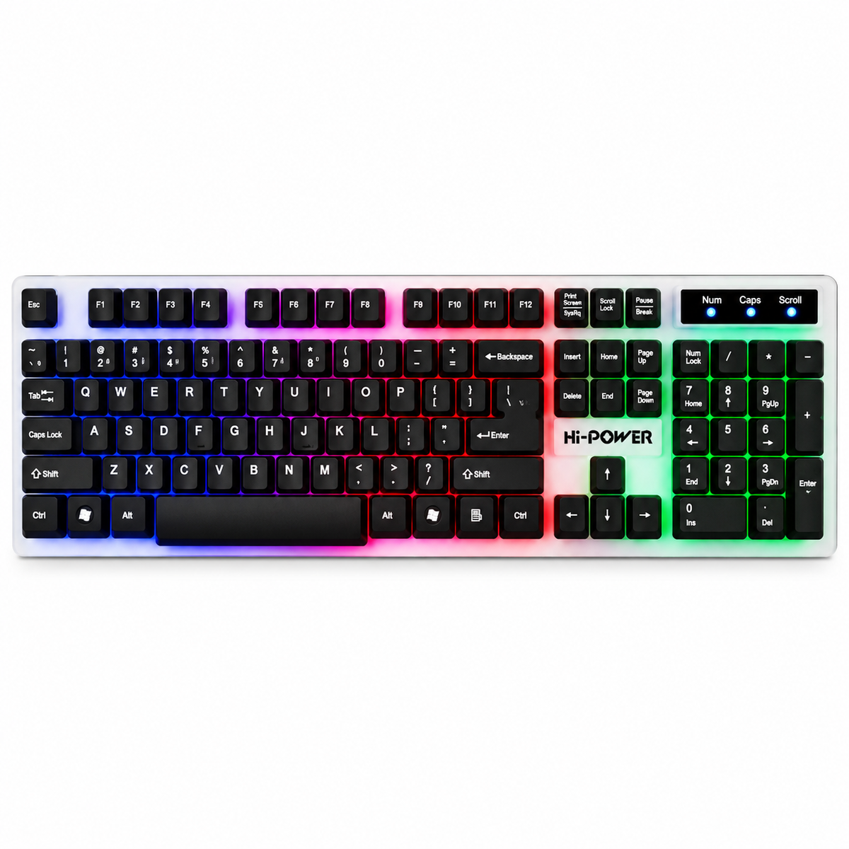 Hi-Power D702 RGB Gaming Keyboard with Bangla Layout – Full-Size 104-Key QWERTY Standard USB Wired Keyboard, Dual-Tone Black & White Keycaps, Multi-Color Backlighting & Plug-and-Play
