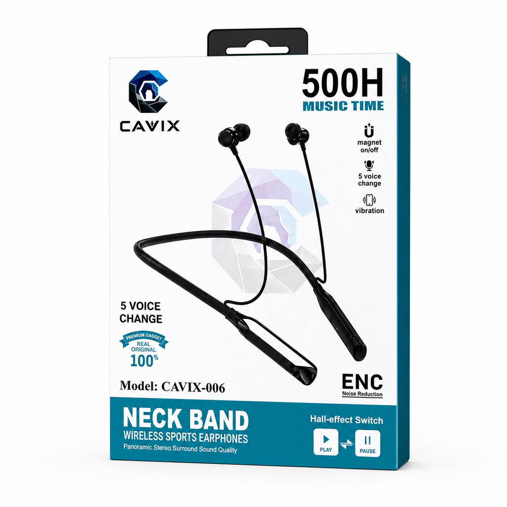 CAVIX-006 Wireless Neckband Earphone – Bluetooth Headset with 500H Music Time, Magic Voice Changer, Vibration Alert, Auto Pause/Play Magnetic Design & HD Sound