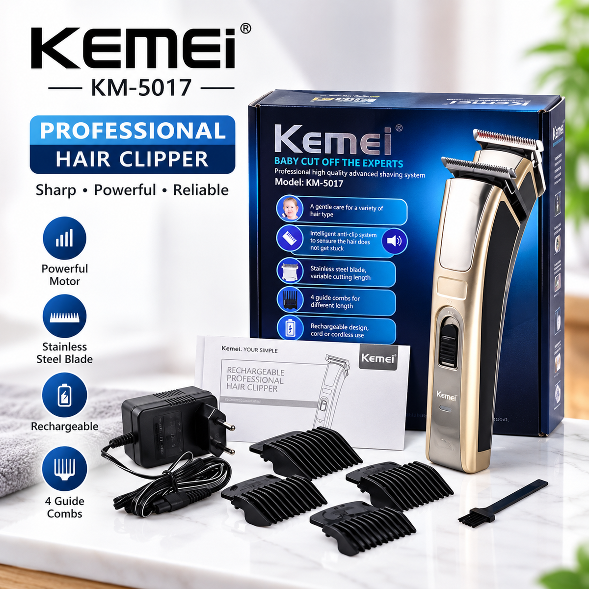 Kemei KM-5017 Professional Rechargeable Hair Clipper & Beard Trimmer – Cordless Grooming Kit with Silver Pd Motor, Carbon Steel Blades & 60-Min Run Time