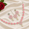 Premium Soft Pink Stone and Pearl Jewelry Set (Complete Set: Necklace, Earrings & Tikka)