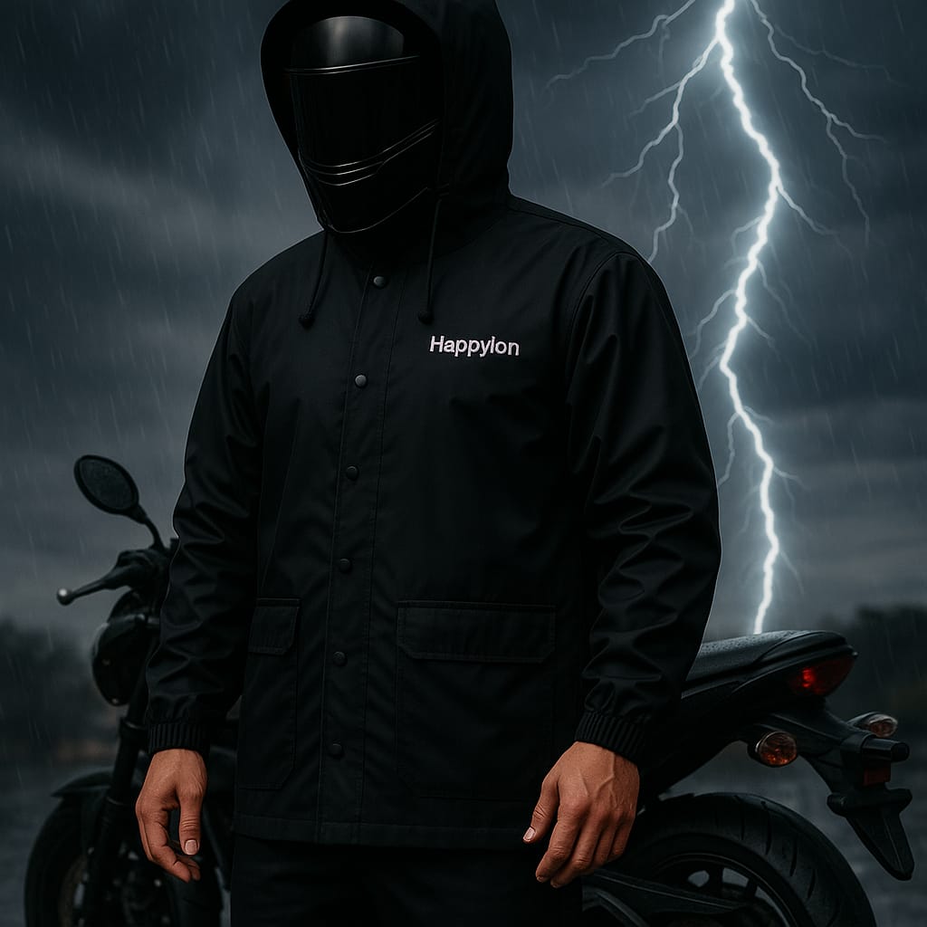 100% Water proof High quality Rain Coat With Pant. (Happylon) Black