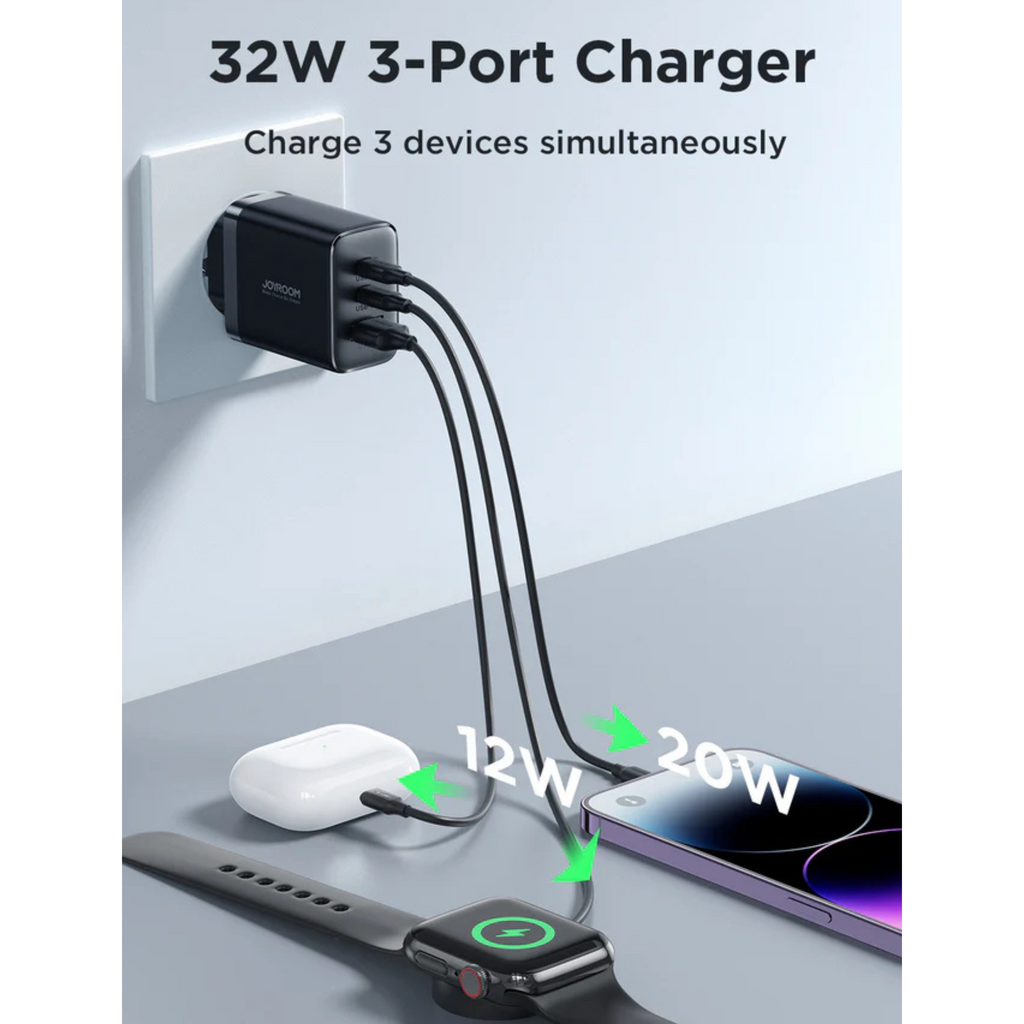 Joyroom JR-TCF10 32W Fast Charger – 2C1A Tri-Port Wall Adapter with Smart Charging Technology, Multi-Layer Safety Protection & Compact Design (Black)