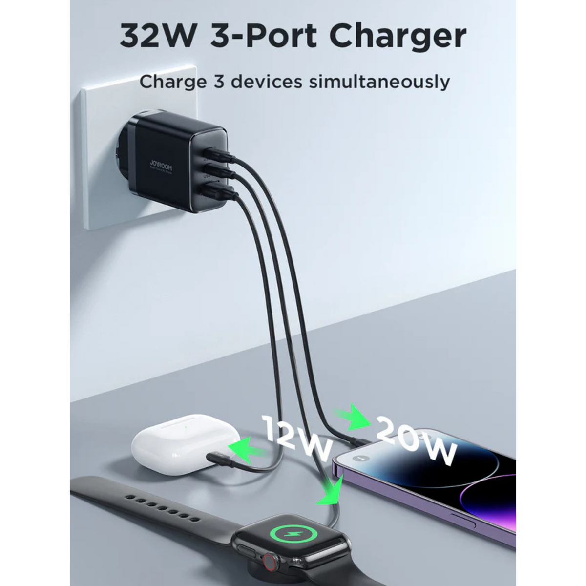 Joyroom JR-TCF10 32W Fast Charger – 2C1A Tri-Port Wall Adapter with Smart Charging Technology, Multi-Layer Safety Protection & Compact Design (Black)