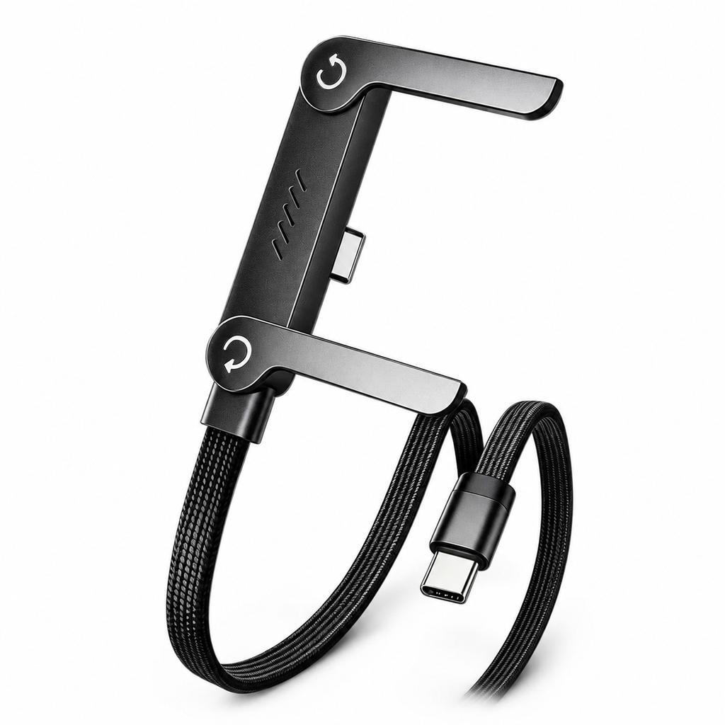 240W 5A Fast Charging & Sync USB-C to USB-C Cable – Braided Cord with Built-in Folding Phone Stand for Landscape & Portrait Viewing