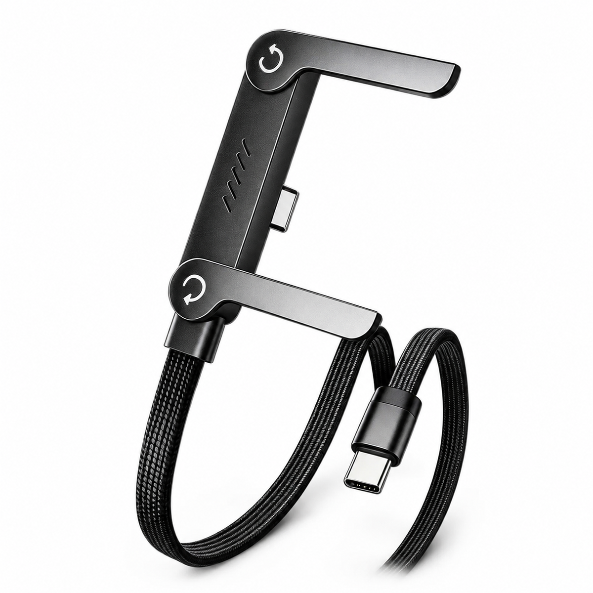 240W 5A Fast Charging & Sync USB-C to USB-C Cable – Braided Cord with Built-in Folding Phone Stand for Landscape & Portrait Viewing