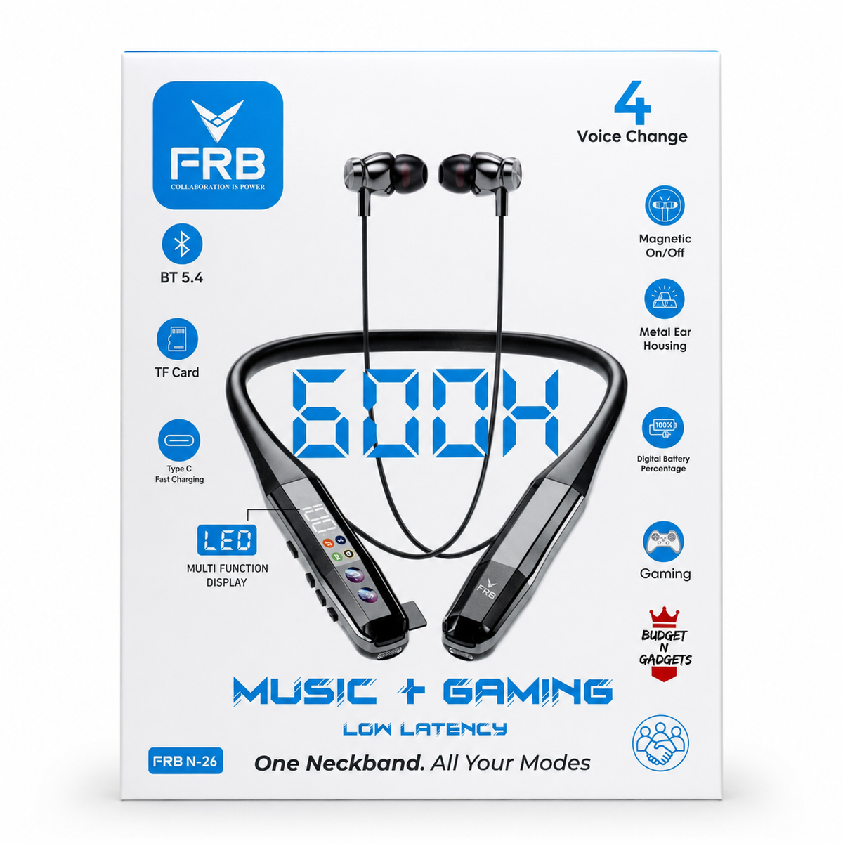 FRB N-26 Wireless Bluetooth 5.4 Neckband Earphone - 600 Hours Standby