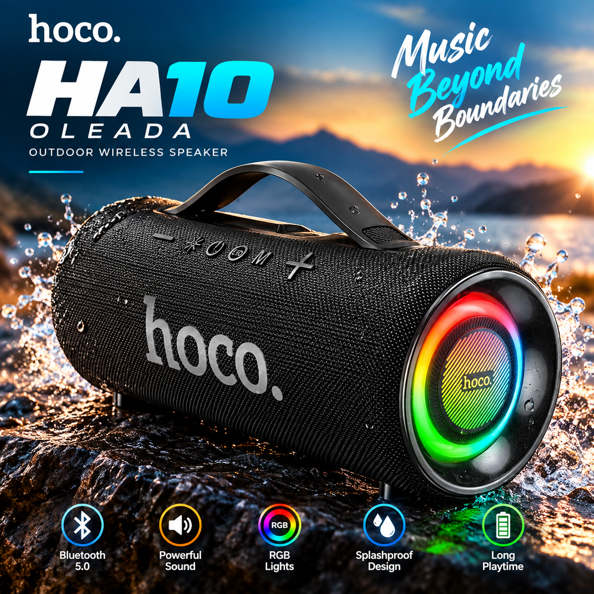 Hoco HA10 Oleada Outdoor Wireless Bluetooth Speaker – 40W Stereo Sound, Bluetooth 5.4, 3000mAh Battery, TWS, FM, USB, TF & AUX Support