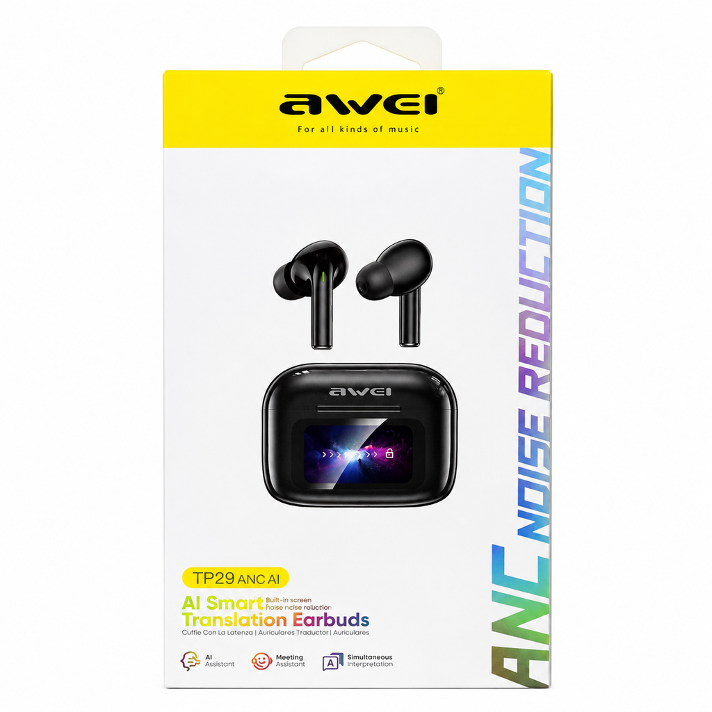 Awei TP29ANC AI Translation & ANC Wireless Earbuds – Bluetooth 6.0 Real-Time Translator Earphones with 147 Languages, 10mm Driver & LCD Touch Screen