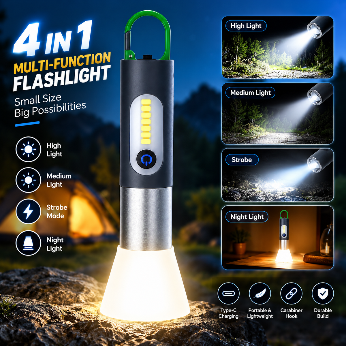 ALLYES LED Rechargeable Tactical Flashlight – Zoomable High-Lumen Torch with 4 Lighting Modes, IP65 Waterproof & Type-C Fast Charging
