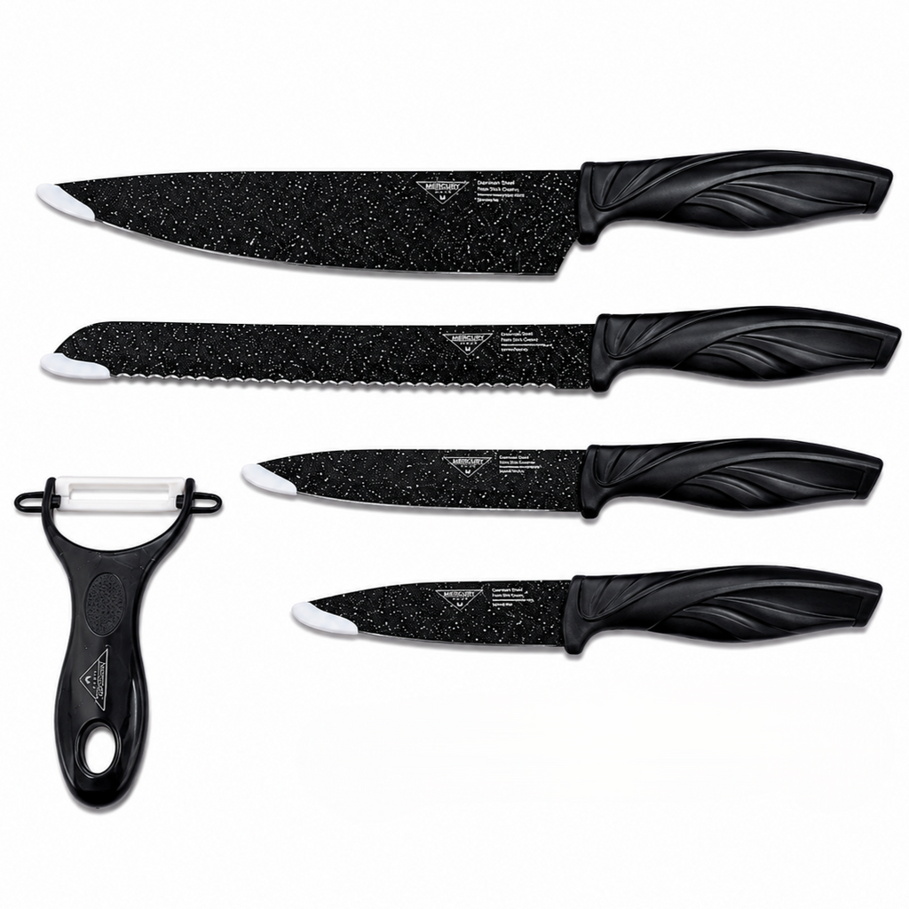 Zepter 5-Piece Non-Stick Kitchen Knife Set – Super Sharp High-Carbon Stainless Steel Knives with Peeler & Ergonomic Curved Blades for Cutting, Fruit & Vegetables