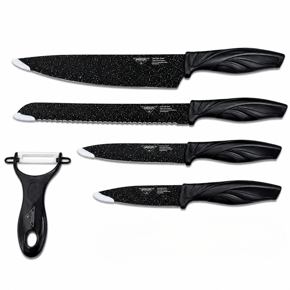 Zepter 5-Piece Non-Stick Kitchen Knife Set – Super Sharp High-Carbon Stainless Steel Knives with Peeler & Ergonomic Curved Blades for Cutting, Fruit & Vegetables