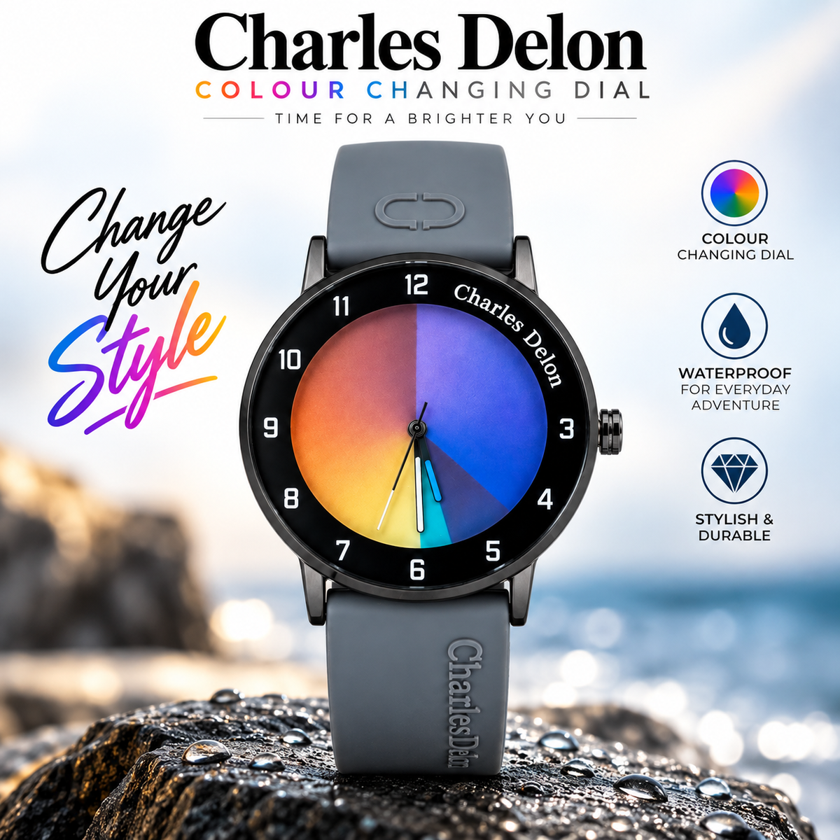 Charles Delon Waterproof Color-Changing Dial Watch for Him & Her – Unisex Ash Silicone Strap Gradient Dial Wristwatch