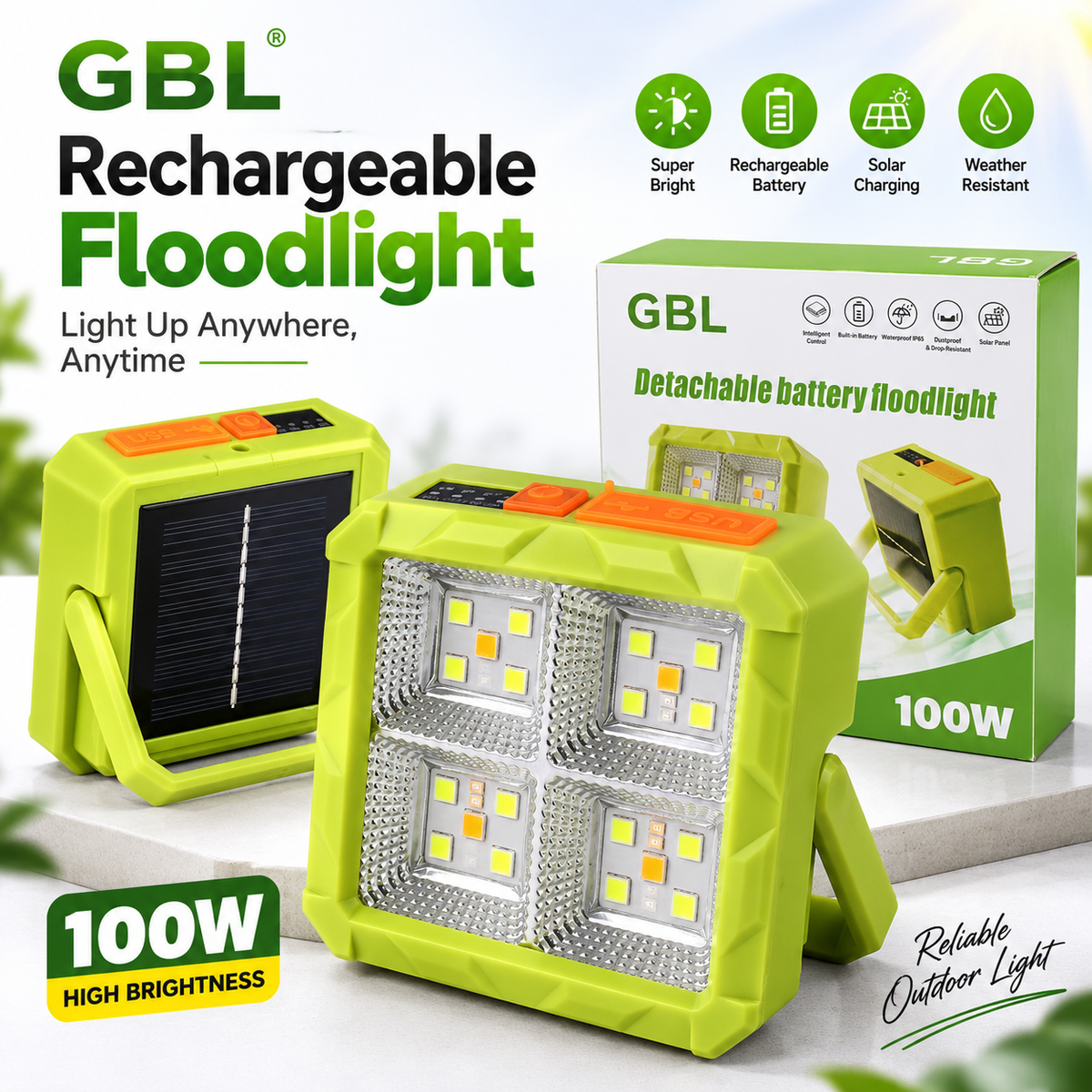 GBL Detachable Battery Solar Floodlight – 100W Super Bright Portable Outdoor LED Work Light with Built-in Power Bank, Weatherproof Design & Camping Emergency Light