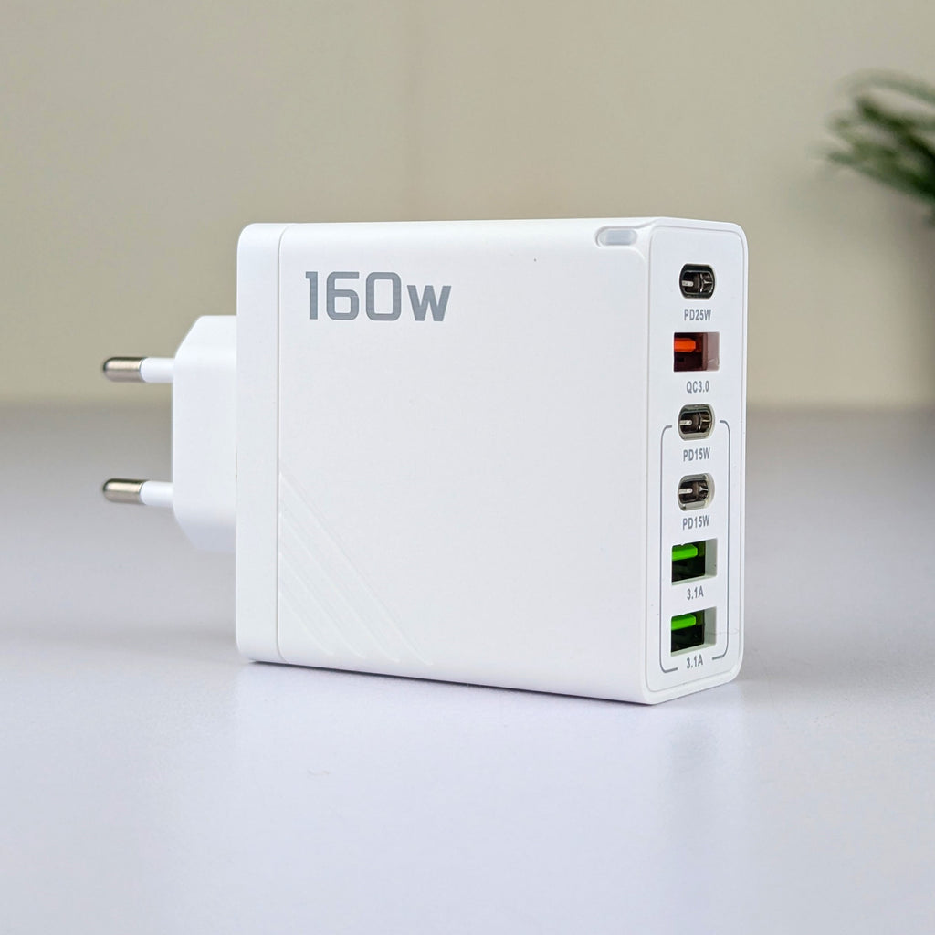 160W Super Fast Multi-Adapter: Ultimate GaN Charger with 6 Ports & Lightning Cable