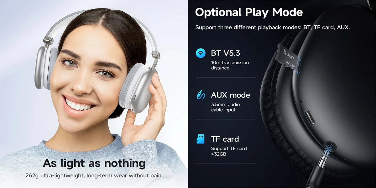 HOCO W35 Max Wireless Bluetooth Headphone – Over-Ear ANC Headset with 90-Hour Battery, 40mm Drivers, TF Card, AUX & Lightweight Ergonomic Design