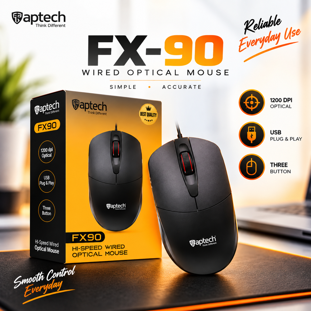 Aptech FX90 USB Wired Optical Mouse – 1200 DPI Precision Sensor, Lightweight 68g Ergonomic Design, 1.35M Durable Cable, 3+ Million Clicks Lifespan & Universal Compatibility