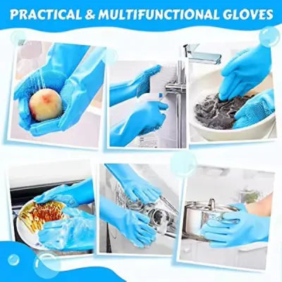 2 Pcs Magic Silicone Dish Washing Gloves – 2-in-1 Reusable Waterproof Cleaning Gloves with Built-in Scrubbers for Kitchen, Dishwashing & Heat Resistant up to 440°F (Multicolor)