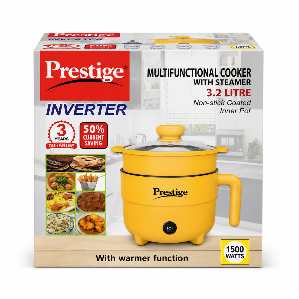 Prestige 2.2L Multifunctional Electric Cooker – 1500W Energy-Saving Non-Stick Multi Cooker with Steamer Tray for Fry, Curry, Noodles & Steaming