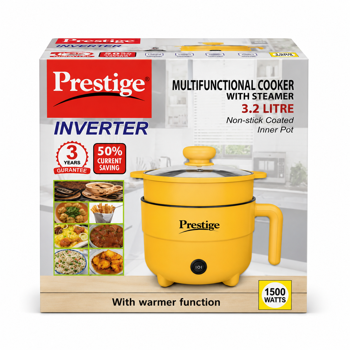 Prestige 2.2L Multifunctional Electric Cooker – 1500W Energy-Saving Non-Stick Multi Cooker with Steamer Tray for Fry, Curry, Noodles & Steaming