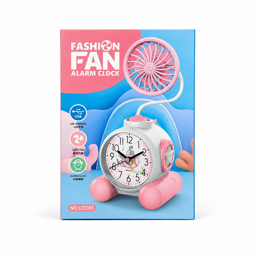 2-in-1 Cute Cartoon/Astronaut Alarm Clock with USB Rechargeable Mini Fan | Silent Desk Fan & Clock Combo for Kids Study Table & Office Decor
