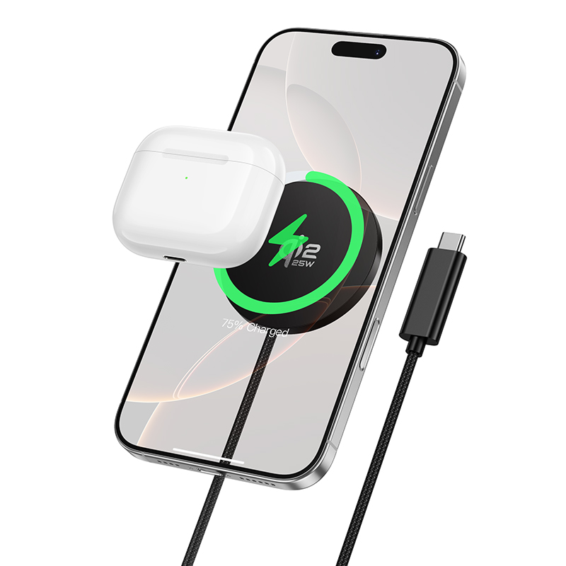 Hoco CW63 Pro Qi2.2 Ultra-Thin Magnetic Wireless Charger – 25W Fast Wireless Charging Pad with Built-in 1.2m USB-C Cable, Aluminum Alloy Build & Strong Magnet