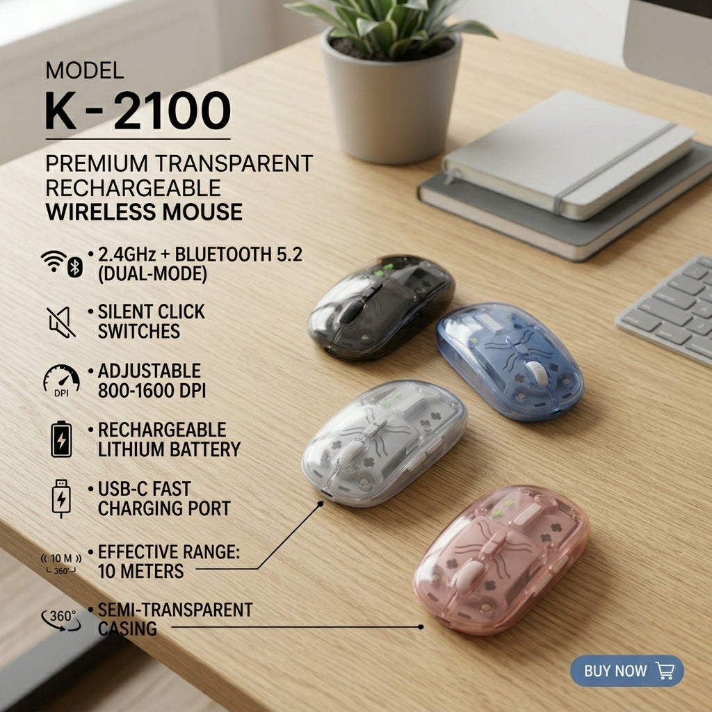 K-2100 Transparent Dual-Mode Rechargeable Wireless Mouse (2.4GHz & Bluetooth 5.2) – Crystal Clear Design, Silent Click, Type-C Charging, 3-Level Adjustable 800/1200/1600 DPI & Wide Compatibility