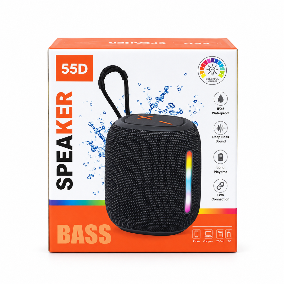 BS-55D Portable Wireless Bluetooth Speaker – Stereo Bass Sound, BT 5.3, RGB Lighting with 10 Modes, FM Radio, TF/AUX/USB & 1500mAh Battery for Indoor & Outdoor