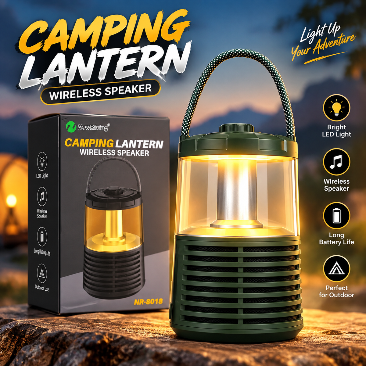 NewRixing NR-8018 3-in-1 Camping Lantern Wireless Speaker – LED Light, Power Bank, Bluetooth Speaker, FM Radio & TF Card Support for Outdoor Travel