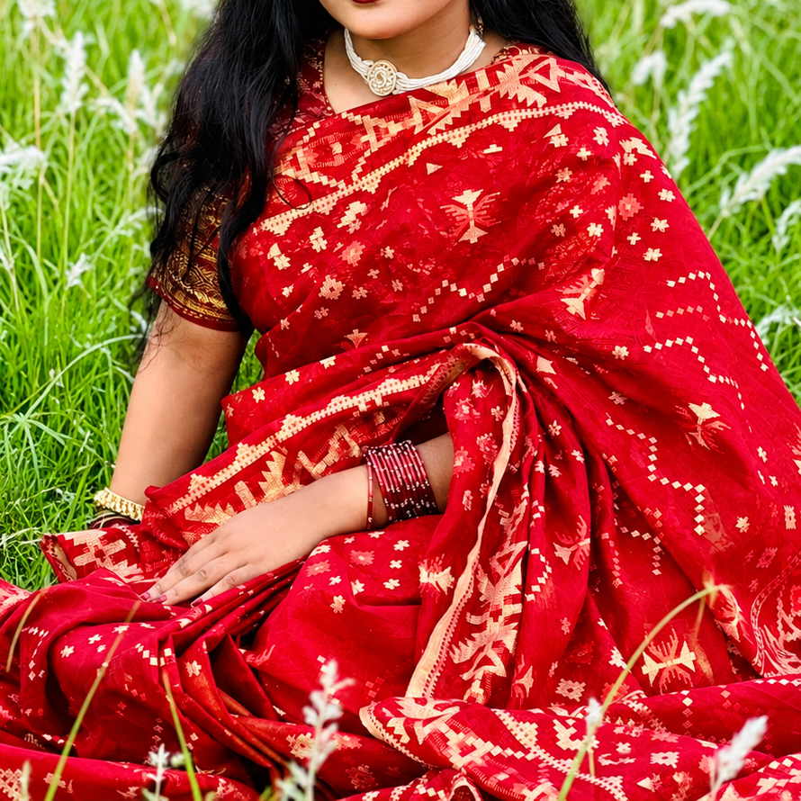 Premium Deep Red and Golden Zari Block-Print Cotton Saree