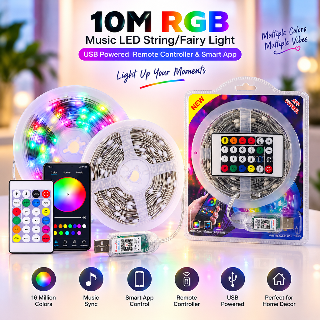 10M RGB Music LED Fairy String Light – USB Powered Flexible Color-Changing Copper Wire Light with Remote Control & Smart Bluetooth App Connectivity