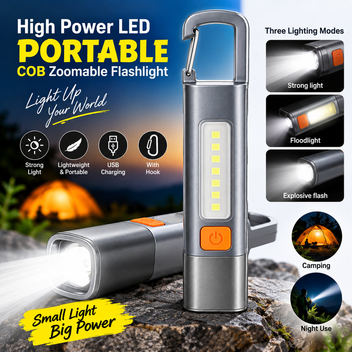 High Power LED Portable COB Zoomable Flashlight – USB Rechargeable Waterproof Mini Torch with Multi-Bright Modes, Backup Battery & Adjustable Focus for Outdoor & Emergency