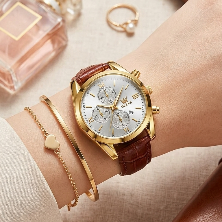 OLEVS Casual Ladies Automatic Mechanical Watch – Auto Wind Movement, Stainless Steel Round Case, Genuine Leather Strap, Chronograph, Date & Week Display, Hardlex Crystal Dial