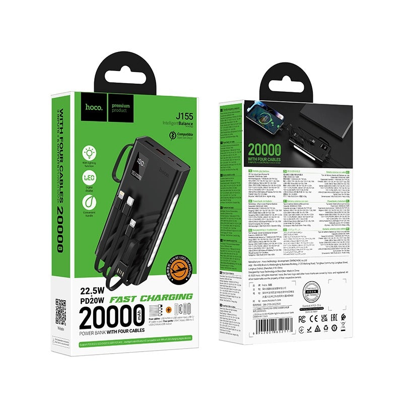 Hoco J155 Shine 20000mAh 22.5W & PD 20W Fast Charging Power Bank – 4 Built-in Cables (Type-C, Lightning, Micro, USB-A), 6 Outputs, Built-in LED Emergency Light & Digital Display