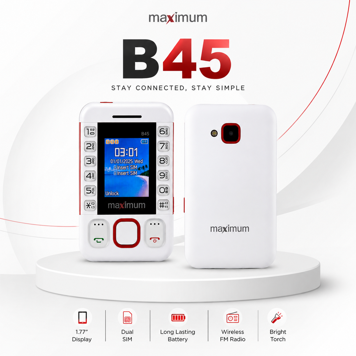 Maximum B45 Mini Card Phone – Compact GSM Phone with Smartphone Bluetooth Sync, Auto Call Recording, 1000mAh Battery, 32GB TF Support & Bright Torch Light